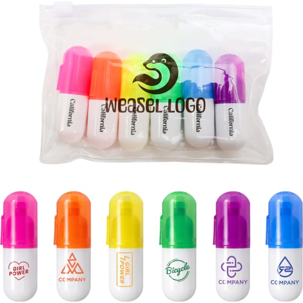 A clear pouch containing eight capsule highlighters in pink, purple, orange, and yellow, each with a white base and logo.