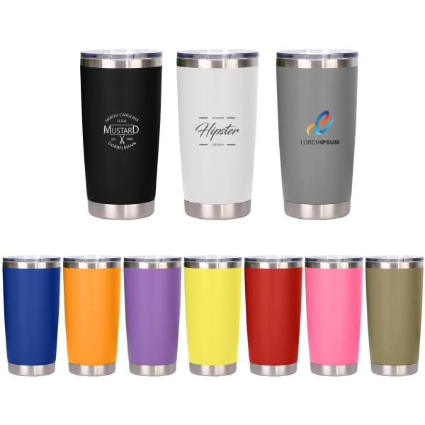 A drink bottle collection featuring various 500ML recycled stainless steel double wall cups in black, white, and multiple vibrant colours.