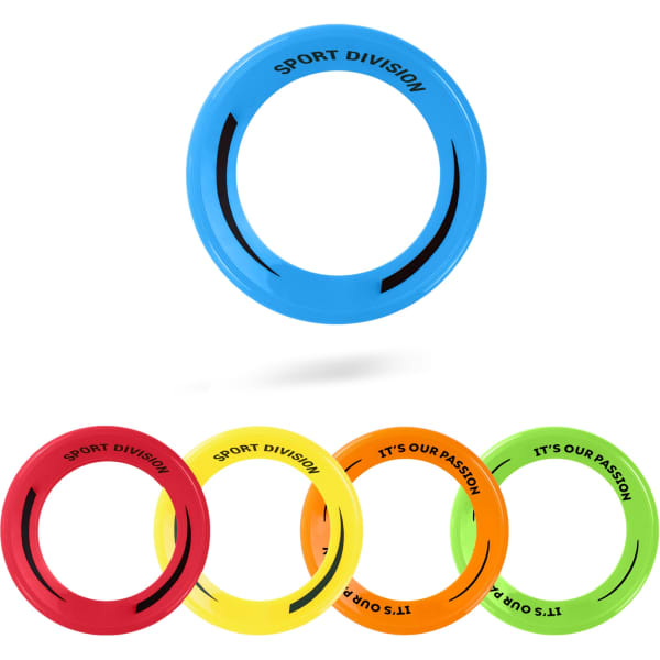 A set of four colourful flying discs in blue, red, yellow, and green, each with a logo.