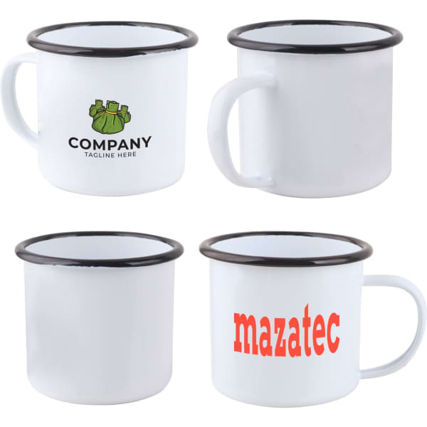 A 350ml enamel camping mug in white with a black rim and handle, featuring a logo and text on two sides.