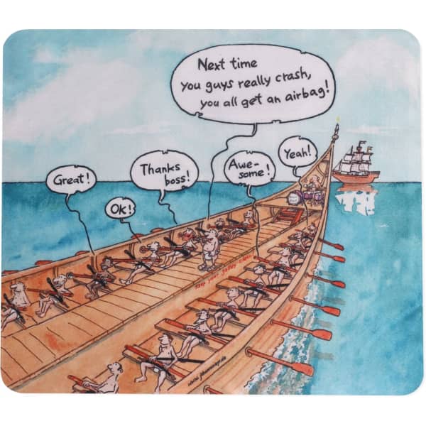 A colourful mouse pad featuring a humorous illustration of rowers on a boat with speech bubbles and a ship in the background.
