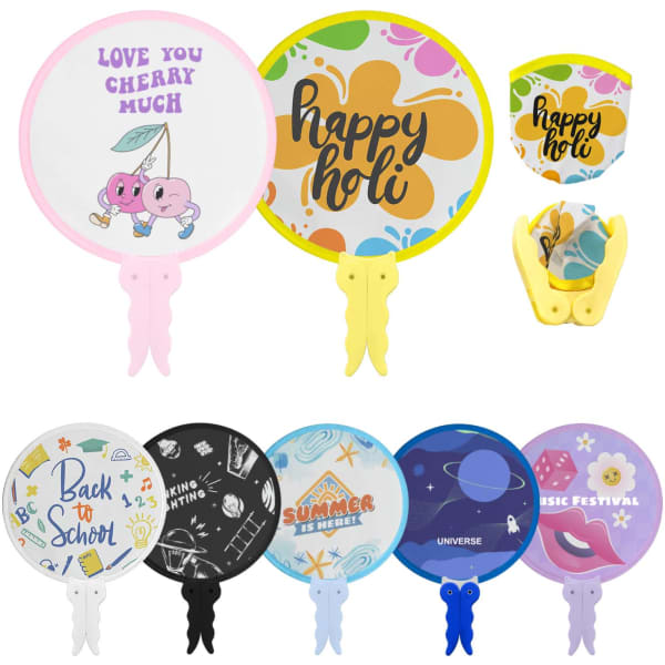 A collection of decorative round fans in various colours, featuring playful designs and bright patterns. Each fan has a handle.