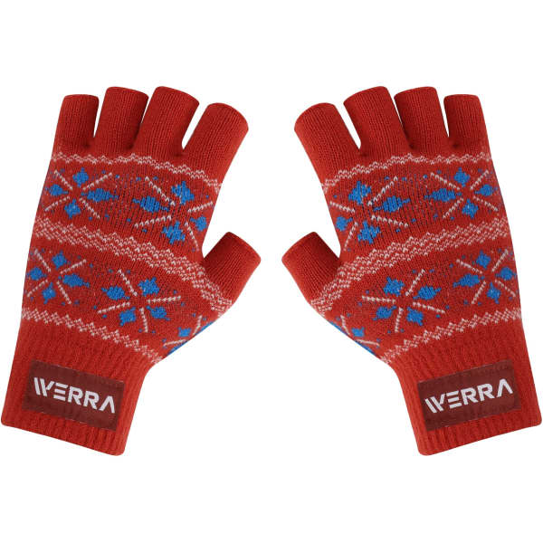 Red fingerless gloves featuring a patterned design in blue and white, with a logo on the wrist area.