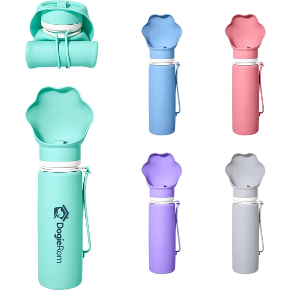 A drink bottle featuring a collapsible design, available in mint green, pink, lavender, and grey, with a logo.
