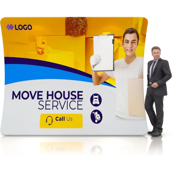 A U-shaped tension fabric display wall featuring a friendly professional with a clipboard. The display has vibrant yellow and blue colours.