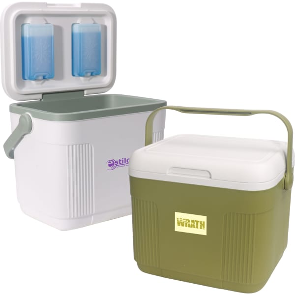 A 22L cooler box in olive green and white, featuring a handle and two blue ice packs inside. It has a logo on the front.
