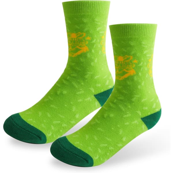 Bright green crew socks with a textured pattern and contrasting dark green toe and cuff, featuring a logo.