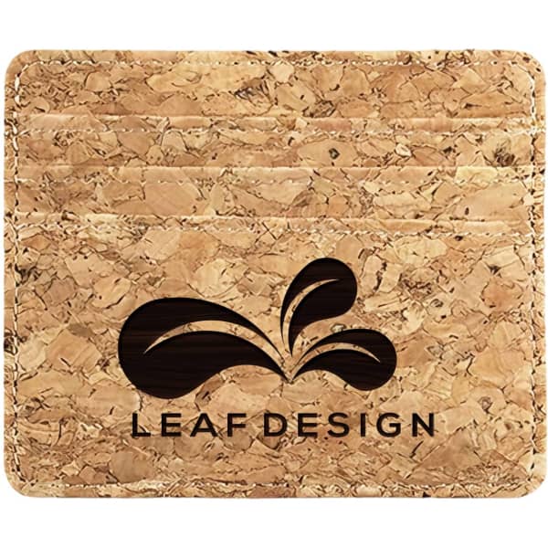 A cork card holder featuring multiple slots and a logo, showcasing a natural cork texture.