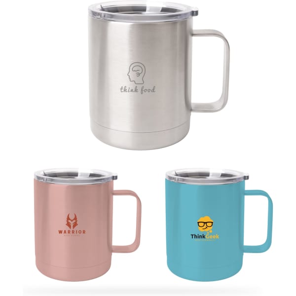 A stainless steel mug set featuring pink, blue, and silver finishes, each with a logo and a clear lid.