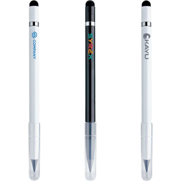 Three 3-in-1 eternal pencils in black and white, featuring a logo on one pencil and a clear sheath at the bottom.
