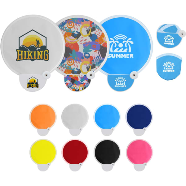A collection of foldable fans in various colours, featuring different designs and a logo.