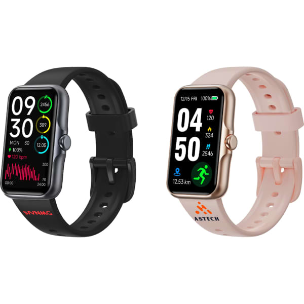 A square smart band in black and a light pink variant with a logo, featuring digital displays.