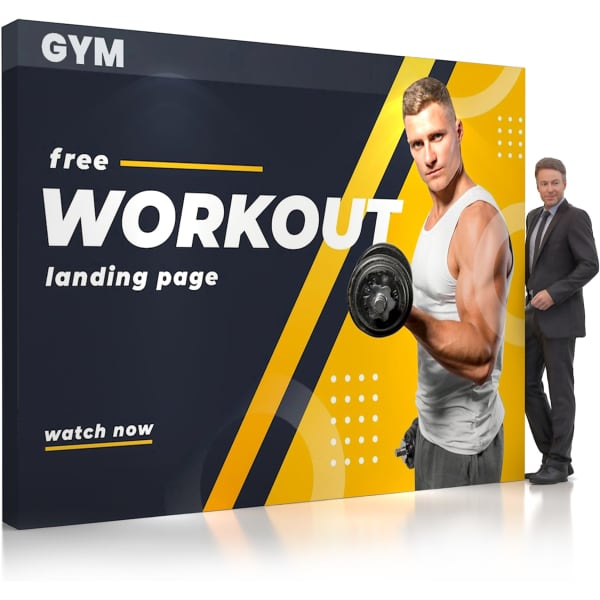 A large pop-up display wall featuring a muscular man holding a dumbbell, with a black and yellow design and branding.