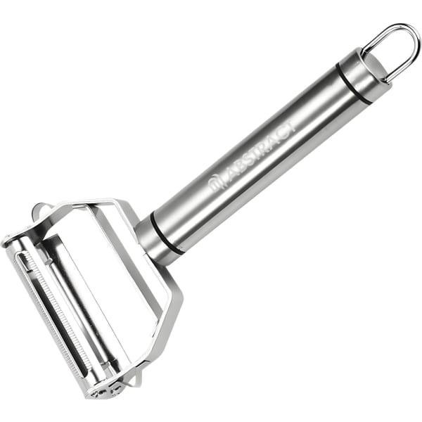 A stainless steel vegetable peeler with a sturdy handle and a loop for hanging.