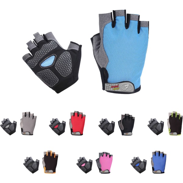 Anti-slip bike gloves in various styles, featuring black, blue, red, pink, and grey colours, with a logo present.