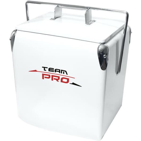 A white metal cooler box with a silver handle and a logo on the front.