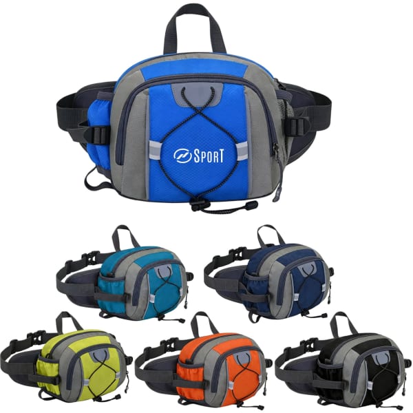 A drink bottle holder waist bag in various colours including blue, orange, green, and navy, featuring multiple compartments and a logo.