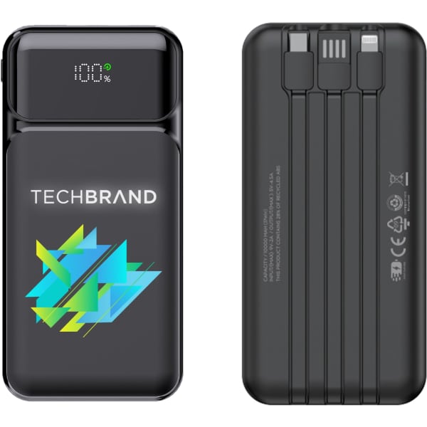 A black 10000mAh power bank with a colourful design and multiple charging ports, featuring a logo on the front.