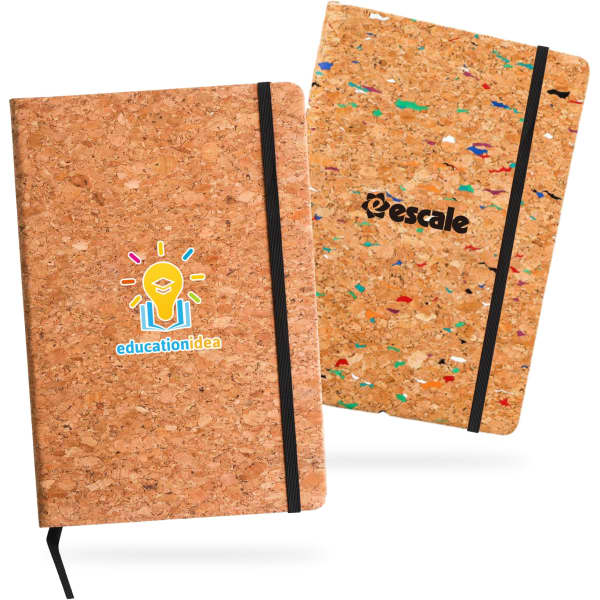 A5 cork notebook featuring a textured cork exterior, black elastic closure, and visible logos on the covers.