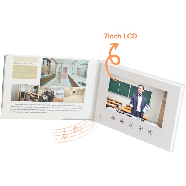 A 7-inch LCD video brochure with a white cover, featuring an interactive screen and various buttons underneath.