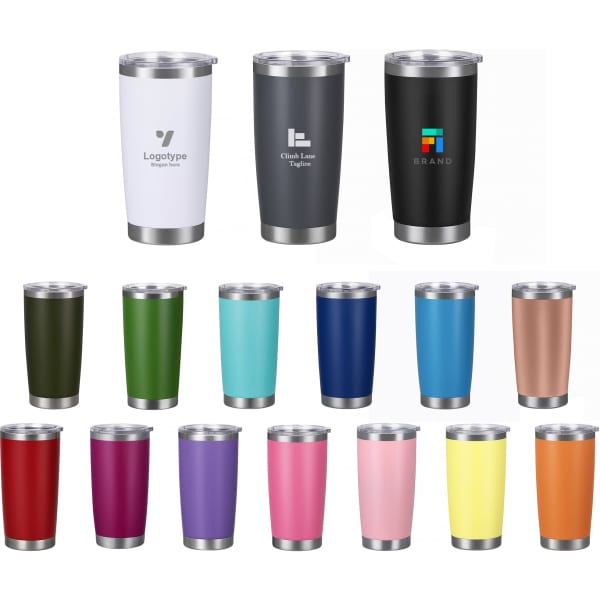 A collection of 600ML stainless steel double wall cups in various colours, featuring distinct logos on some.