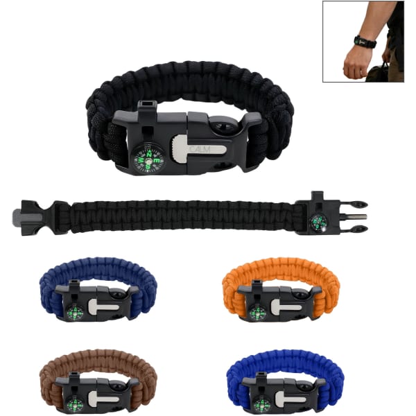 A black survival bracelet featuring a compass and a multi-tool, available in multiple colours including orange, brown, and blue.