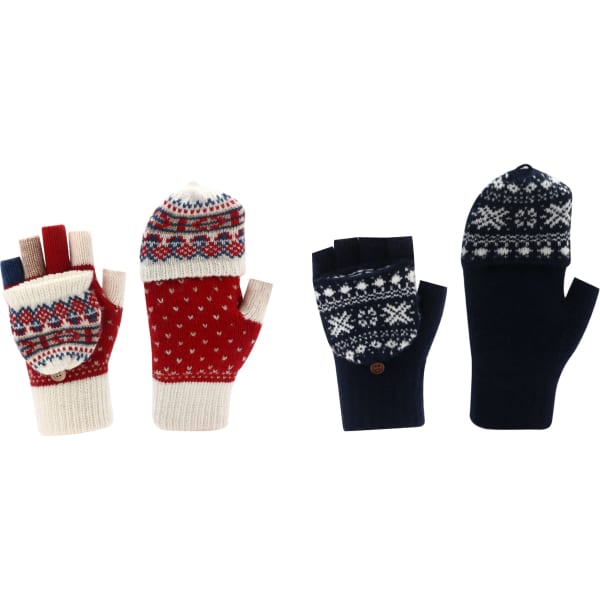 Adults' jacquard fingerless gloves in red and navy with festive patterns, featuring flip covers and a logo.