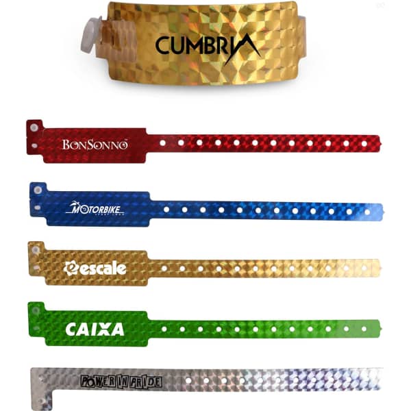 A selection of disposable holographic PVC wristbands in gold, red, blue, green, and silver with various logos.