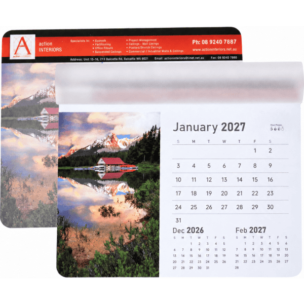 A calendar mouse mat featuring a scenic landscape design with a monthly calendar layout, predominantly in blue and white tones.