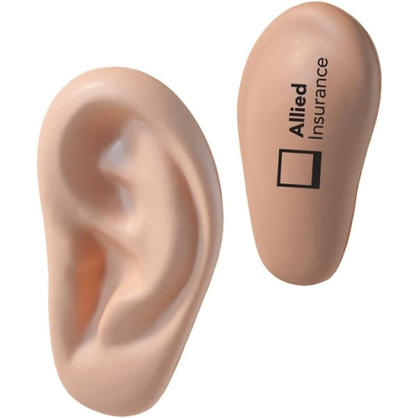 An ear-shaped stress reliever in a skin tone, featuring a logo. Perfect for stress relief and fun keyring accessory.