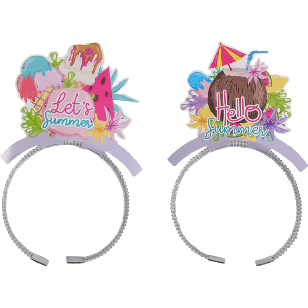 A Foil Topper Headband featuring colourful summer-themed designs, including fruits and fun icons. It has a flexible band.