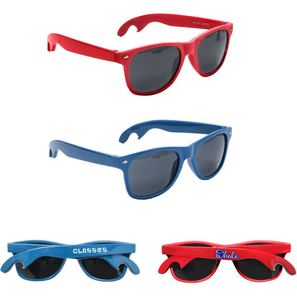 A drink bottle opener is integrated into red and blue sunglasses, featuring tinted lenses and a logo on one pair.
