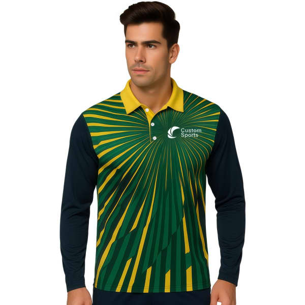A long-sleeve polo shirt featuring a green and yellow design, with a navy blue base and a logo on the front.