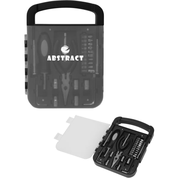 A compact black 22 in 1 hand tool set in a transparent case, featuring various tools and a branding logo.