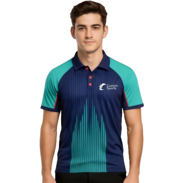 A navy and teal 100% polyester micro mesh raglan polo shirt featuring a logo and vertical pattern design.