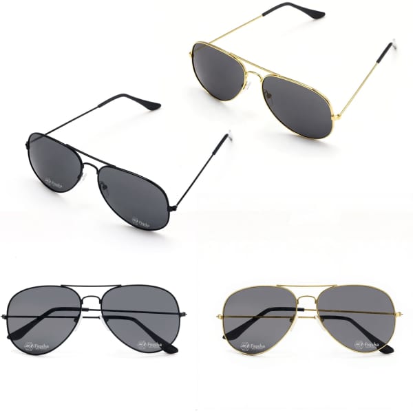 Classic aviator sunglasses in black and gold, featuring dark lenses and metal frames. Some have logos on the frames.