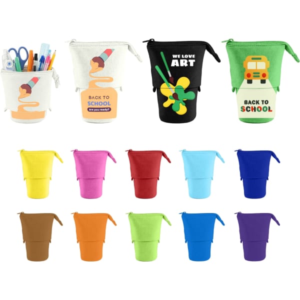 A collection of colourful canvas expandable pencil cases in various shades, featuring different designs and a logo.
