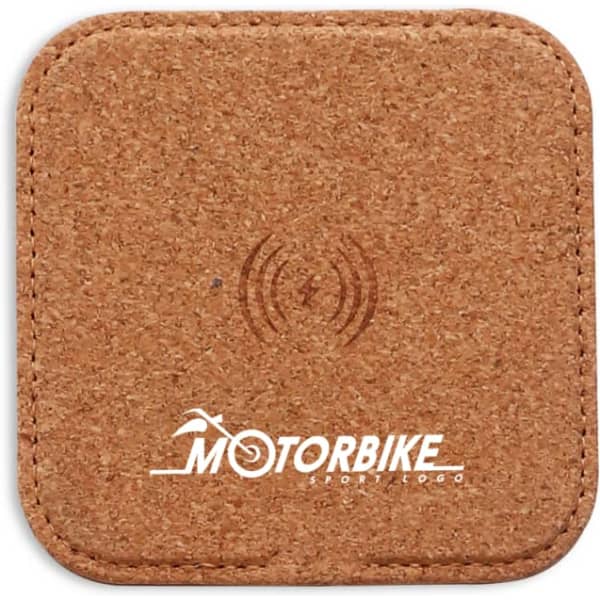 A square cork wireless charger featuring a simple design and a logo.