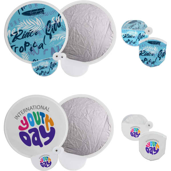 A 20cm foldable reflective fan in blue and white with a design and a logo. It includes a compact, foldable feature.