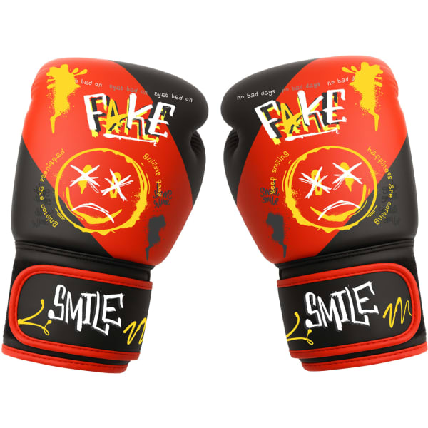 Kids boxing gloves in red and black with vibrant graphic designs, featuring a logo on the wrist strap.