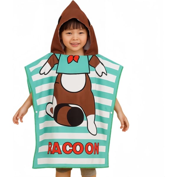 A kids' hooded change towel featuring a raccoon design, with green and white stripes and a brown hood.