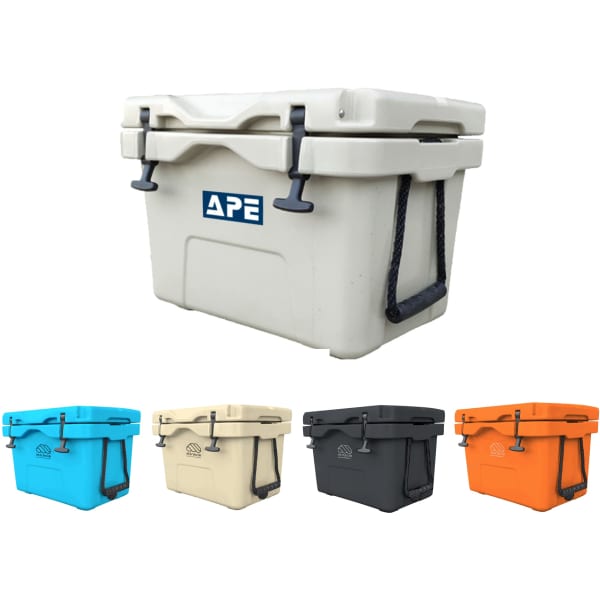 A cooler box in beige with blue, orange, black, and aqua options. Features a logo on the front and a handle.