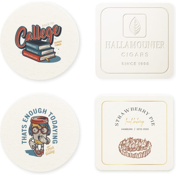 Four round paper coasters featuring various designs, including illustrations and logos, in cream and white tones.