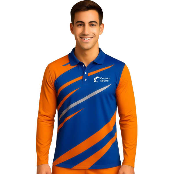 A long-sleeved polo shirt in blue and orange with a logo, featuring a dynamic design.