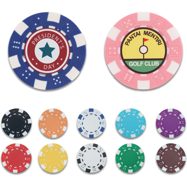 A set of colourful ABS poker chips in various designs and colours, including blue, pink, white, and green, featuring different motifs.