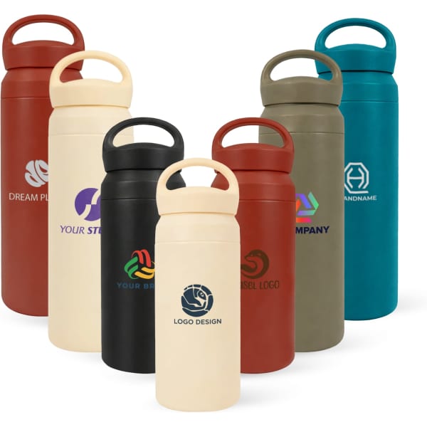 A drink bottle collection featuring 350ML and 500ML double wall stainless steel options in various colours with handles and logos.