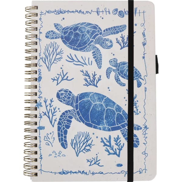 A4 Wiro side-bound notebook featuring a blue and white design of sea turtles and coral. Includes an elastic band closure.