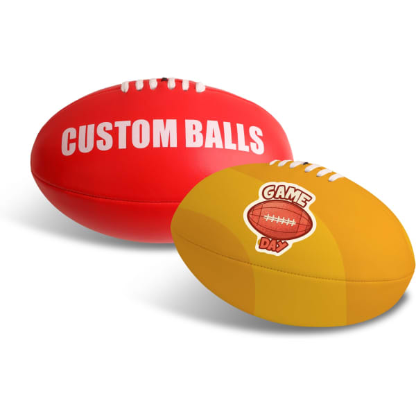 Two promotional AFL balls, one red with white lettering and one yellow with a logo, featuring classic stitching.