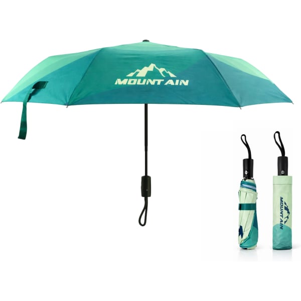 A 21'' automatic compact folding umbrella in shades of green with a matching carrying case and logo.