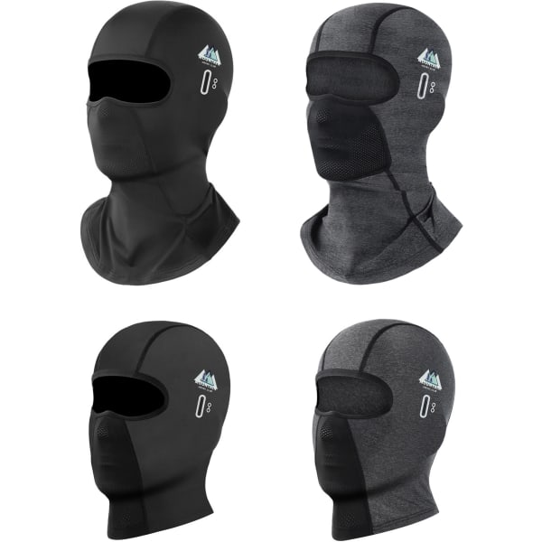Four breathable balaclava cycling face masks in black and grey, featuring a logo on each.